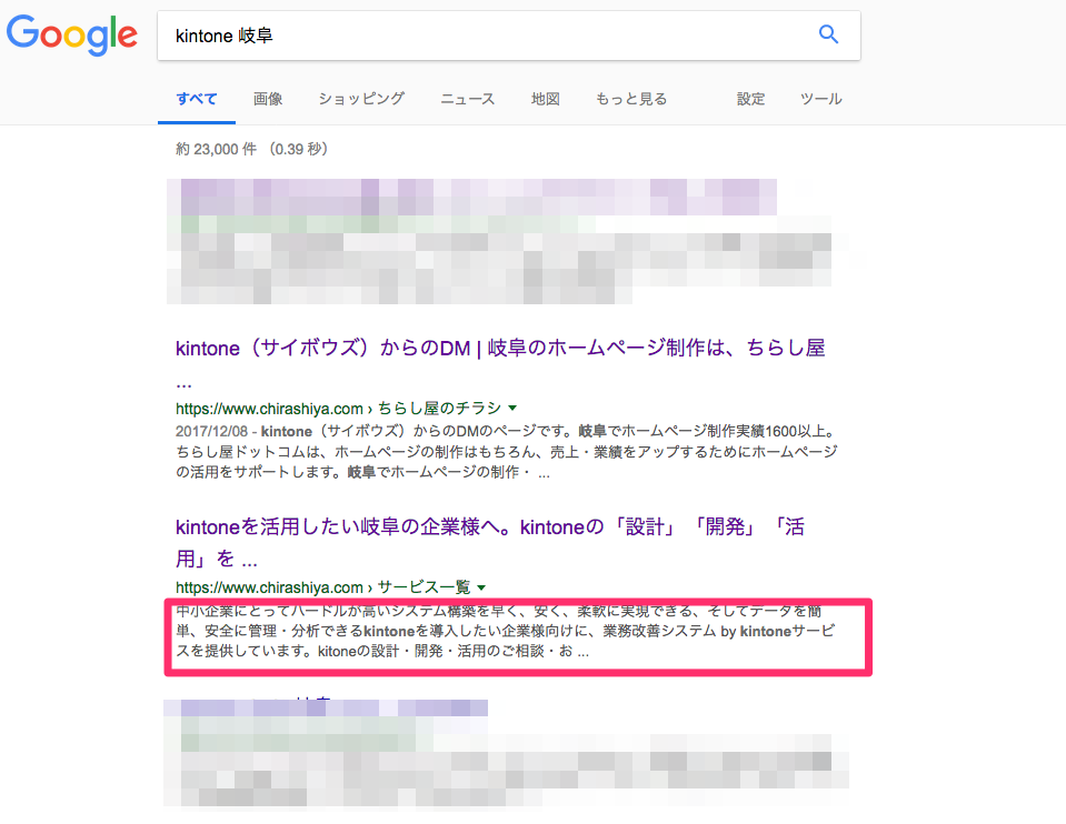 kintone 岐阜　とGoogleで検索した時に検索結果表示画面の画像。ディスクリプションが表示される箇所を説明しています。