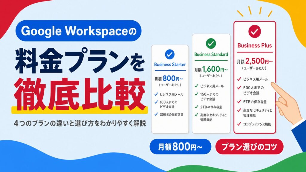Google Workspaceの料金プランを比較し、4つのプランの違いと選び方を解説する見出し画像