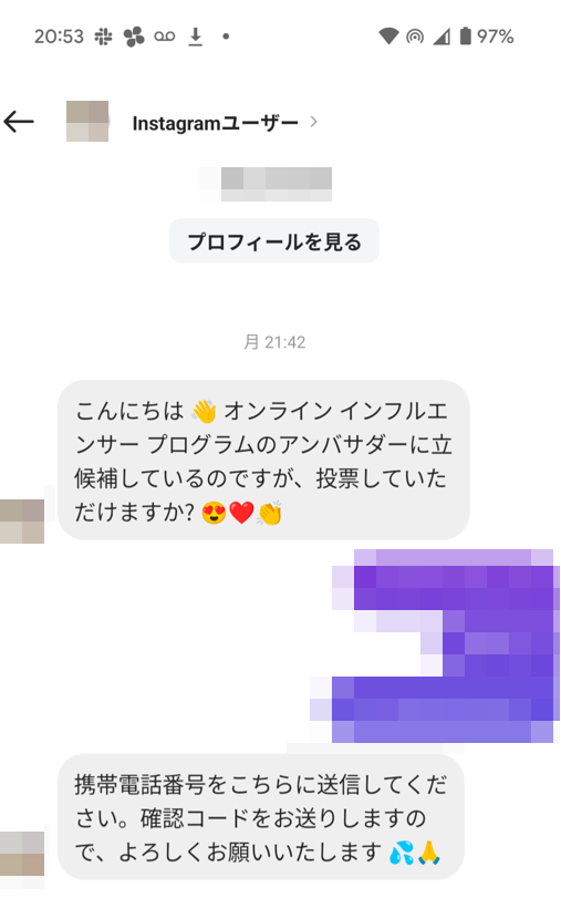 インスタグラムのDMで届いた詐欺メッセージ